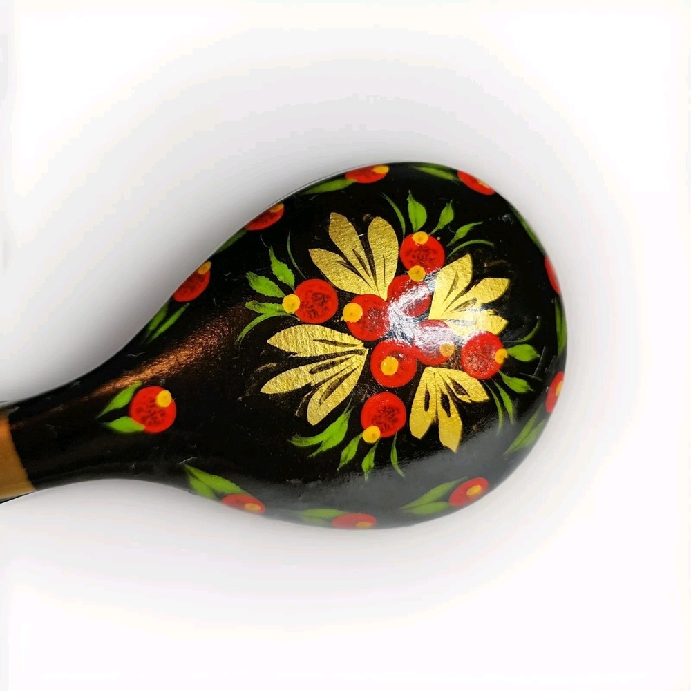 Vintage Khokhloma Russian Wood Spoon Hand‎ Painted Floral Gold Black 15.5 Inch